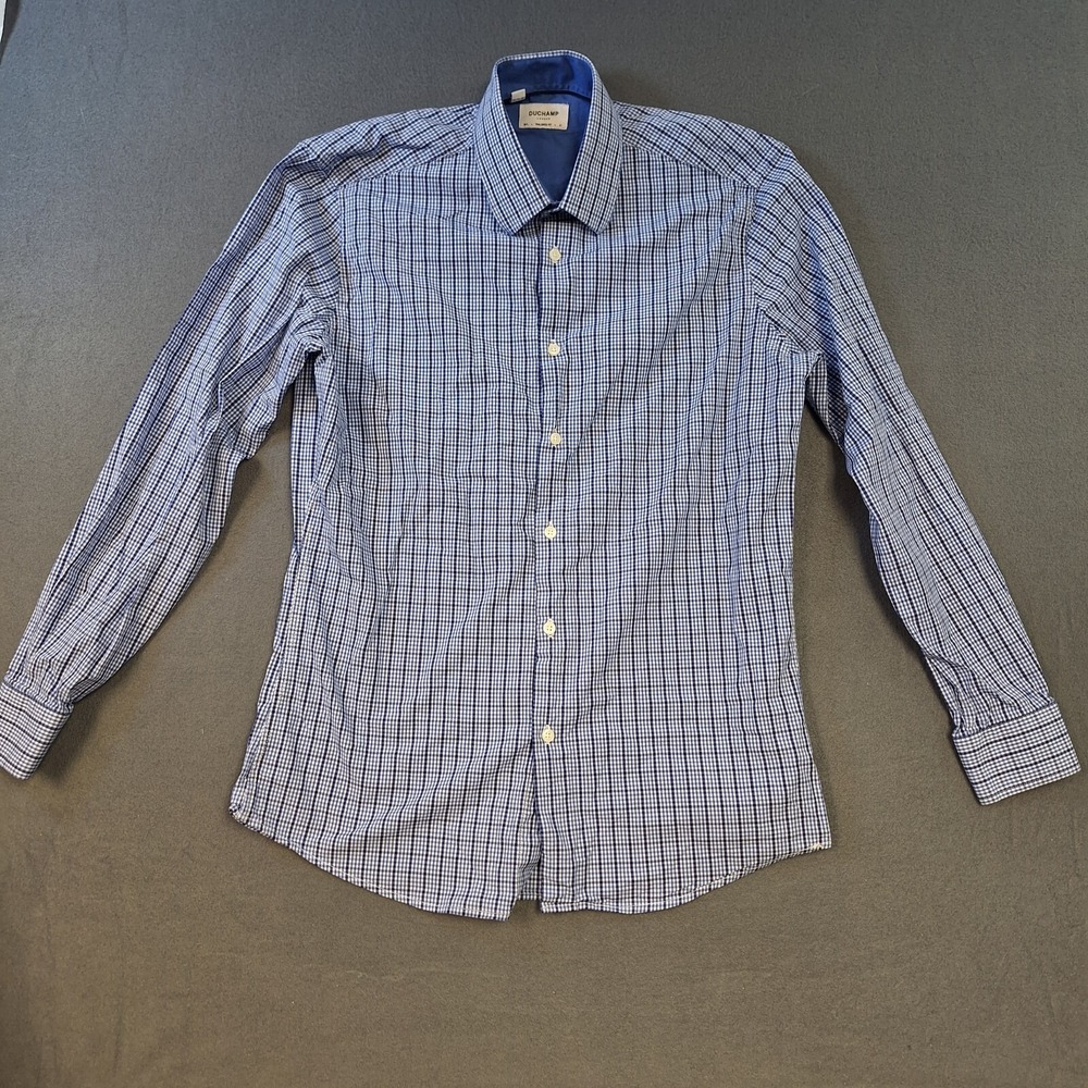 Duchamp Tailored Fit Blue Plaid Button Up Collar Stretch Dress Shirt 16 L 41 Men